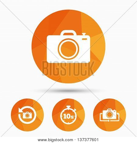 Photo camera icon. Flip turn or refresh symbols. Stopwatch timer 10 seconds sign. Triangular low poly buttons with shadow. Vector