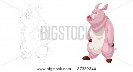Fat Pig Hero. Coloring Book, Outline Sketch, Animal Mascot, Game Character Design isolated on White Background