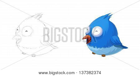 Smiling Cute Fat Bird. Coloring Book, Outline Sketch, Animal Mascot, Game Character Design isolated on White Background
