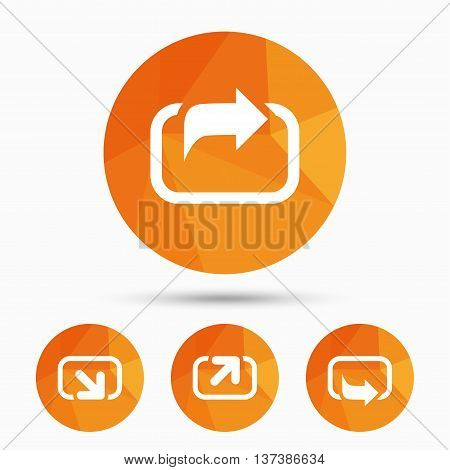 Action icons. Share symbols. Send forward arrow signs. Triangular low poly buttons with shadow. Vector