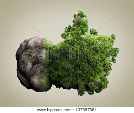 Like icon preserve nature. 3d illustration hand with forest trees. Like symbol environment