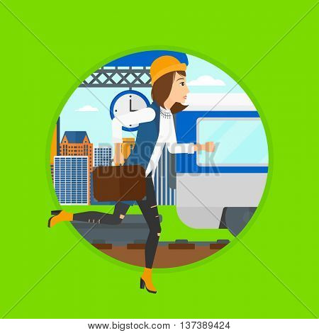 Latecomer woman running along the platform to reach the train. Woman with briefcase chasing a train. Woman at the train station. Vector flat design illustration in the circle isolated on background.