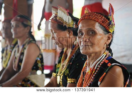 Sipitang Sabah Malaysia - Aug 30 2014:Murut lady in traditional costume decorated with colorful beads during folklore festival in Sipitang Sabah.Murut is among the largest ethnic group in Sabah interior.