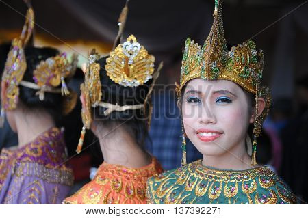 Sipitang Sabah Malaysia.August 30 2014 : Young girls from the Javanese ethnicity wearing traditional costume during Gata Festival in Sipitang Sabah Malaysia.