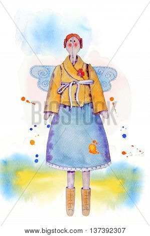 Red hair fairy doll tilda in blue skirt and yellow jacket and ribbon bow with wings.