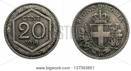 Twenty 20 cents Lire Silver Coin 1919 Exagon on front and Crown Savoy Shield on back, Vittorio Emanuele III Kingdom of Italy isolated on white, Mint of rome