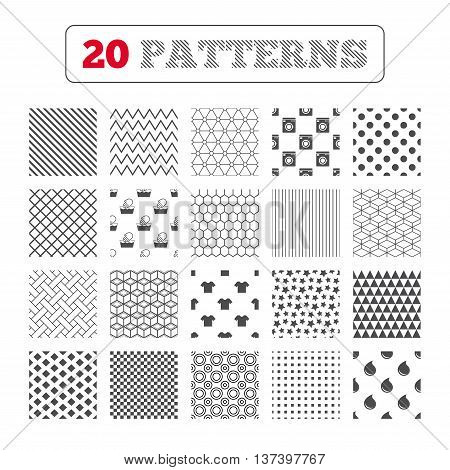 Ornament patterns, diagonal stripes and stars. Wash machine icon. Hand wash. T-shirt clothes symbol. Laundry washhouse and water drop signs. Not machine washable. Geometric textures. Vector