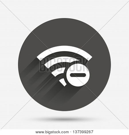 Wifi minus sign. Delete Wi-fi symbol. Wireless Network icon. Wifi zone. Circle flat button with shadow. Vector