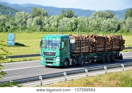 Dolny Hricov, Slovakia - June 29, 2016: Green MAN truck fully laden by wood drives on slovak D1 highway surrounded by rural landscape.