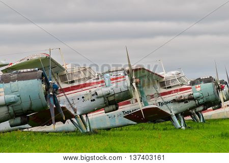 Tyumen, Russia - August 23, 2008: On visit at UTair airshow in Plehanovo heliport. AN-2 airplanes on parking lot