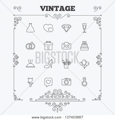 Wedding and party icons. Dress, diamond and rings. Gift box, invitatiom letter and rose flower. Speech bubble with heart and photo camera. Vintage ornament patterns. Decoration design elements. Vector
