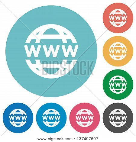Flat WWW globe icon set on round color background.