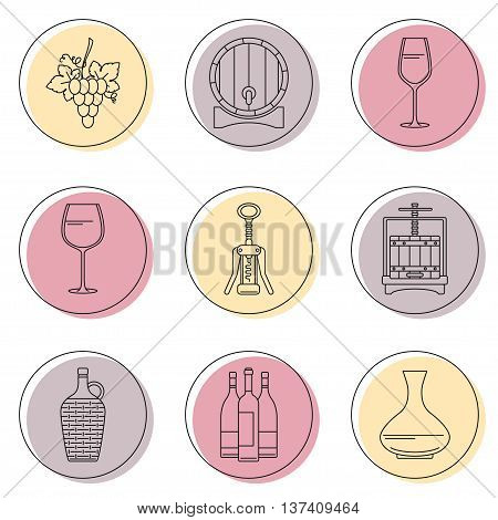 Collection of line style winemaking icons on colorful circles. Vector illustration. 