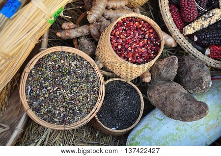 Variety of edible seeds - sesamerice and legumes a