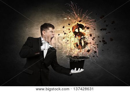 Man magician with cylinder hat . Mixed media