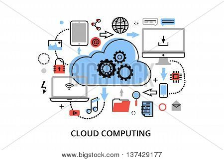 Modern flat thin line design vector illustration, concept of cloud computing technologies, protect computer networks and remote data storage, for graphic and web design