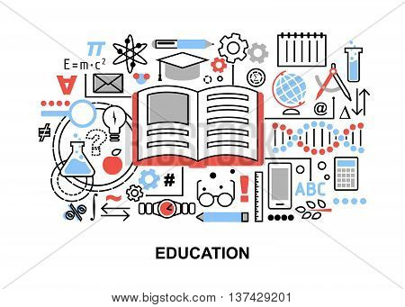Modern flat thin line design vector illustration, concept of education process, learning in educational institution and items of study equipment, for graphic and web design
