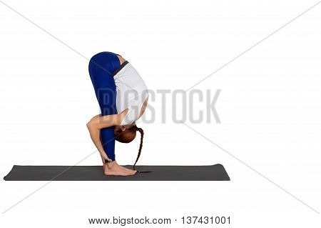 sports exercise isolated on white background. Beautiful woman dressed in sportswear trains flexibility of the body.