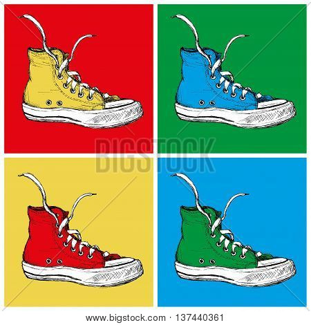 Four Sneakers on a colored background hand drawing vector illustration