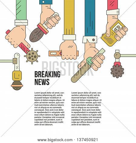 Modern newspaper or hot news template with hands of journalists holding voice recorders and microphones. News vector concept with place for your text. Live report illustration..