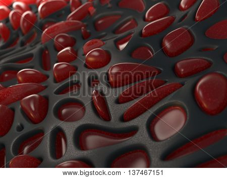 3d rendering abstract surface with red bulge. Red bulge with subsurface scattering material  on black surface. Digital art.
