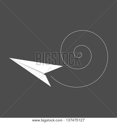 White paper plane flying up with white spiral behind. Simple cartoon style icon. Vector illustration. Isolated on dark grey background.