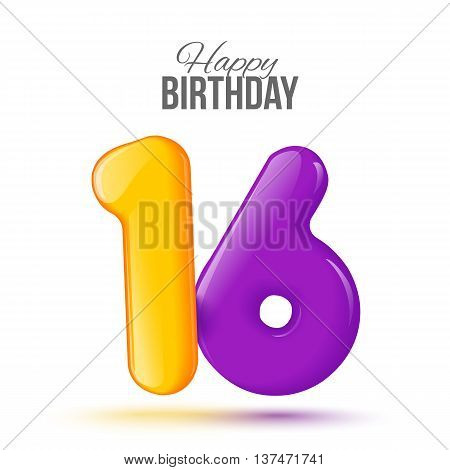 Sample greeting card to the 16 th anniversary. Air 3D red numbers from the figures. Invitation card to the party with balloons on a white background. Suitable for printing, web delivery, the jubilee