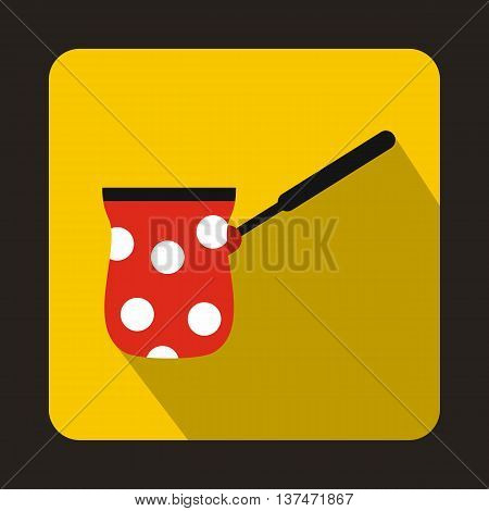 Red cezve with white dots icon in flat style on a yellow background