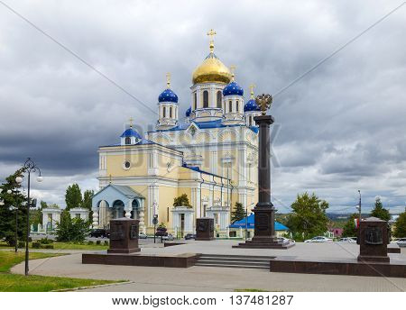 Voznesensky (Ascension) Cathedral - the main Orthodox church in the city of Yelets. Years of construction 1845-1889. Architect K. Ton. Located on the Red Square in the center of Elets. The memorial sign 