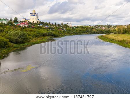 Riverfront Bystraya Sosna and the Ascension (Voznesensky) Cathedral. Yelets Lipetsk region Russia.