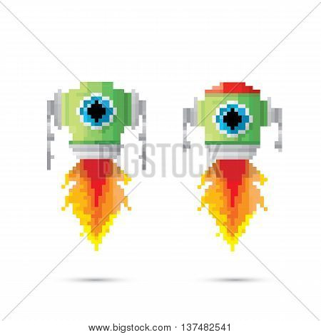 pixel style green robot set . vector robots illustration