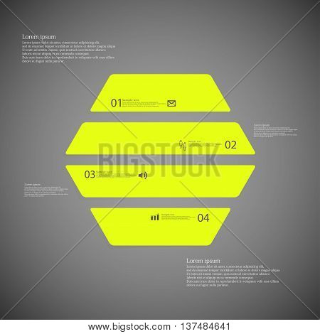 Illustration infographic template with shape of hexagon. Object horizontally divided to four parts with green color. Each part contains Lorem Ipsum text number and simple sign. Background is dark.