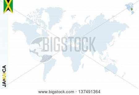 Blue World Map With Magnifying On Jamaica.