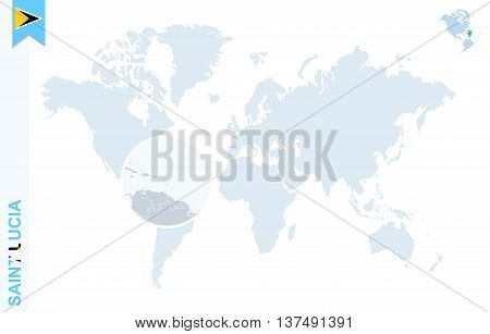 Blue World Map With Magnifying On Saint Lucia.