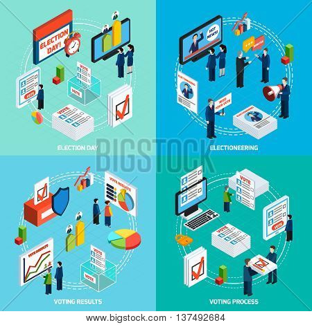 Elections and voting isometric 2x2 design concept with people busy in electioneering debate and voting process flat vector illustration