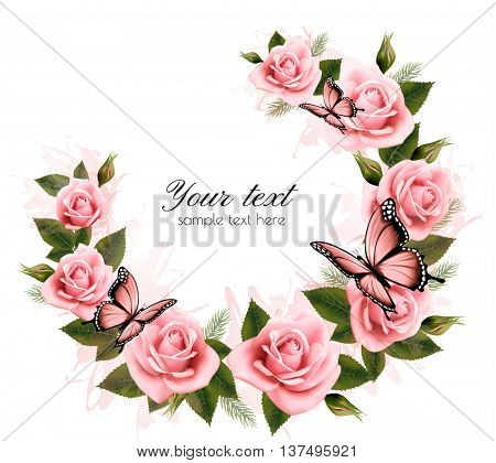 Holiday background with beauty flowers and butterflies. Vector.