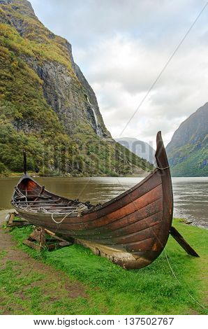 Old viking boat in Sognefjord in Norway