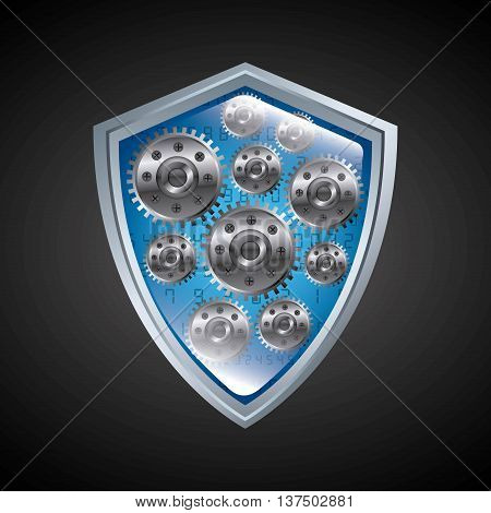 Security system design represented by gears inside blue shield icon. Colorfull illustration.