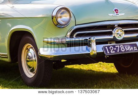 MINSK BELARUS - MAY 07 2016: Close-up photo of the Volga M-21 1958 model year. First industrial series of Soviet car of the middle class produced at the Gorky Automobile Plant from 1957 to 1958.