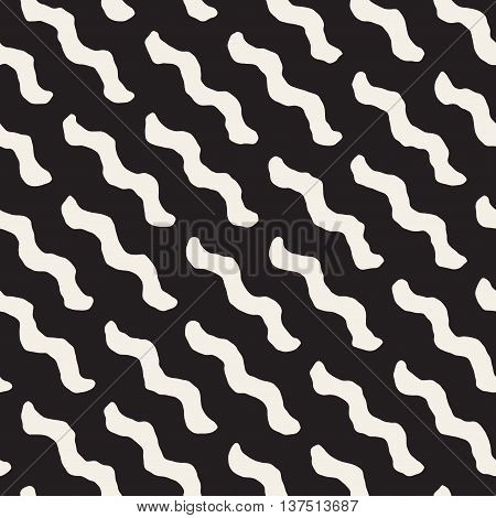 Vector Seamless Black and White Hand Drawn Wavy Diagonal Lines Pattern. Abstract Geometric Background Design