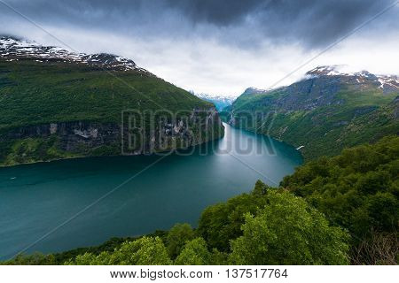 Geiranger fjord, Beautiful Nature Norway. It is a 15-kilometre (9.3 mi) long branch off of the Sunnylvsfjorden, which is a branch off of the Storfjorden (Great Fjord).