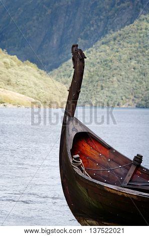 Old viking boat in Sognefjord in Norway
