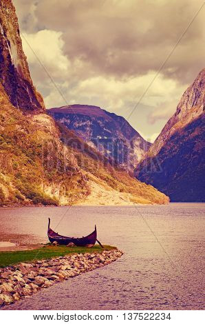 Old viking boat at Sognefjord in Norway