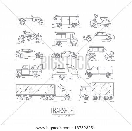 Set of transport icons in flat style car moto truck scooter drawing with gray lines on white background