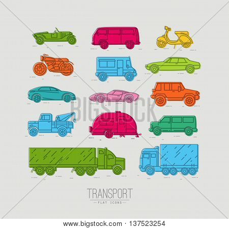 Set of transport icons in flat style car moto truck scooter drawing with color on gray background