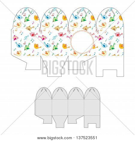 Decorative gift box. Bonbonniere with cute birds. Die-cutting vector template.