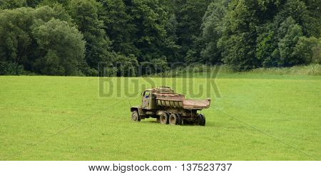 Old lorry on green meadow in summer day