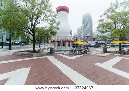 BOSTON MASSACHUSETTS USA - July 7 2016: Misty morning on Harborwalk in South Boston's Seaport District popular ice cream spot