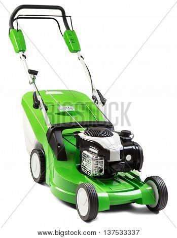 Studio shot of green lawnmower.  Lawn mower green