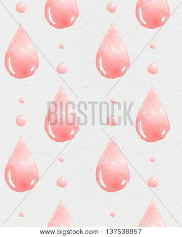 Watercolor seamless pattern of a pink drop of juice. Hand drawn illustration
